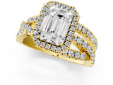 Yellow gold Emerald Cut Diamond Halo Ring with Round Split Shank and Prong Setting_37
