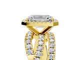 Yellow gold Emerald Cut Diamond Halo Ring with Round Split Shank and Prong Setting_41