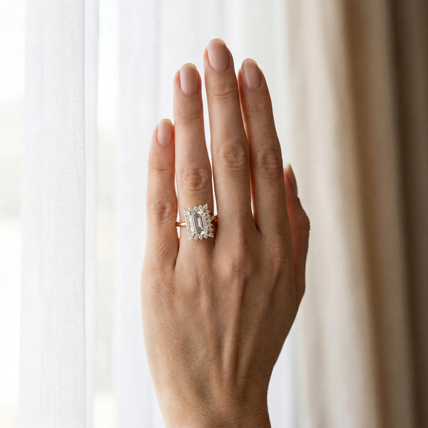 Yellow gold Emerald Cut Diamond Halo Ring with Solitaire Band and Prong Setting