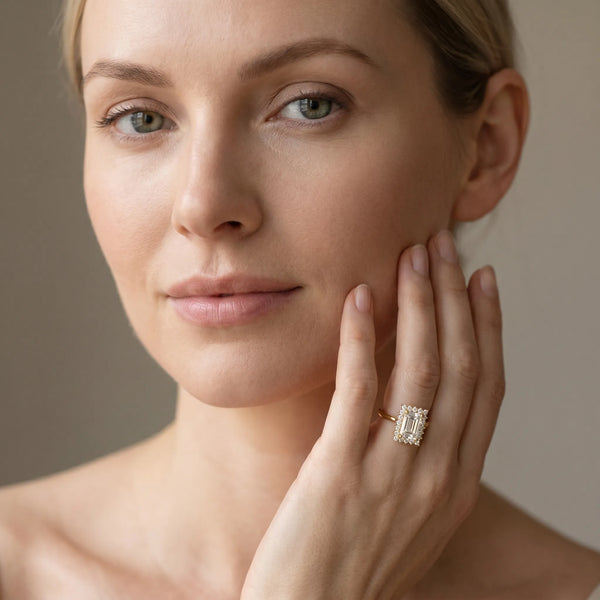 Yellow gold Emerald Cut Diamond Halo Ring with Solitaire Band and Prong Setting