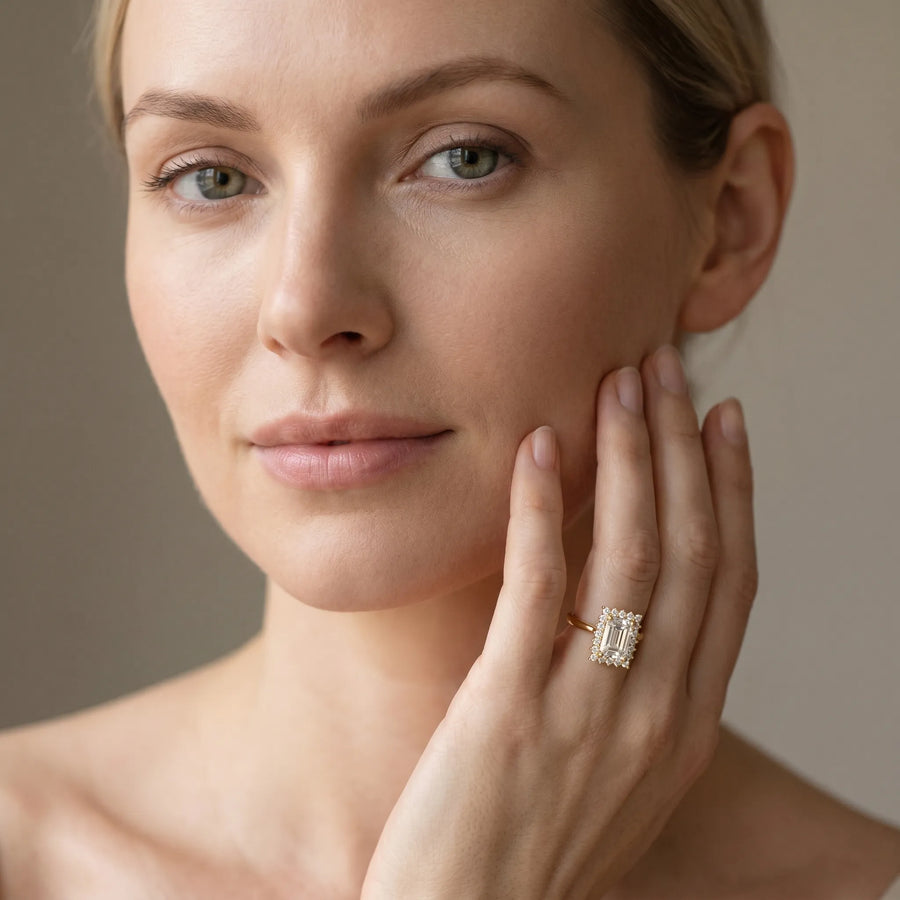 Yellow gold Emerald Cut Diamond Halo Ring with Solitaire Band and Prong Setting