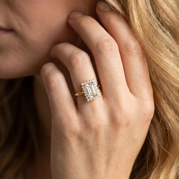 Yellow gold Emerald Cut Diamond Halo Ring with Solitaire Band and Prong Setting