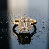 Yellow gold Emerald Cut Diamond Halo Ring with Solitaire Band and Prong Setting_15
