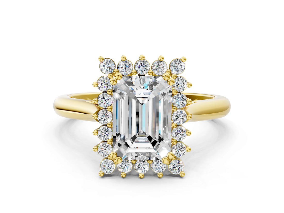 Yellow gold Emerald Cut Diamond Halo Ring with Solitaire Band and Prong Setting_69