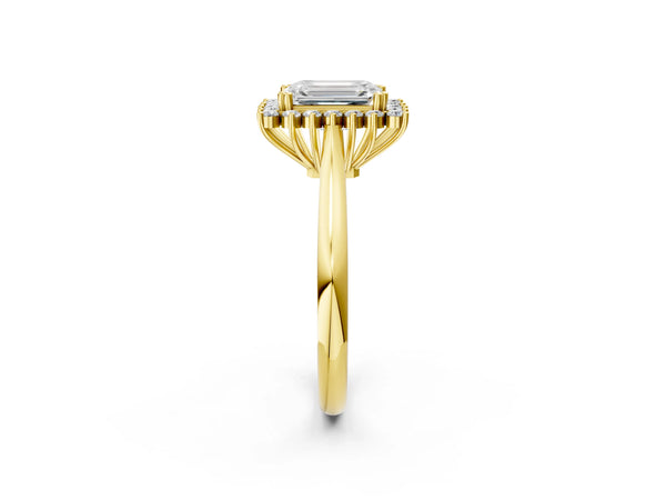 Yellow gold Emerald Cut Diamond Halo Ring with Solitaire Band and Prong Setting