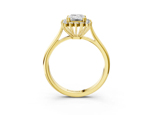 Yellow gold Emerald Cut Diamond Halo Ring with Solitaire Band and Prong Setting