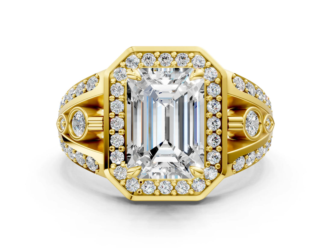Yellow gold Emerald Cut Diamond Halo Ring with Split Shank and Bezel Accents and Four-Prong Setting_13