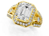 Yellow gold Emerald Cut Diamond Halo Ring with Split Shank and Bezel Accents and Four-Prong Setting_14