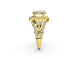 Yellow gold Emerald Cut Diamond Halo Ring with Split Shank and Bezel Accents and Four-Prong Setting_15