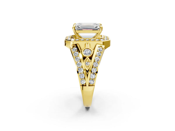 Yellow Gold Emerald Cut Hidden Halo Split Shank Engagement Ring Setting