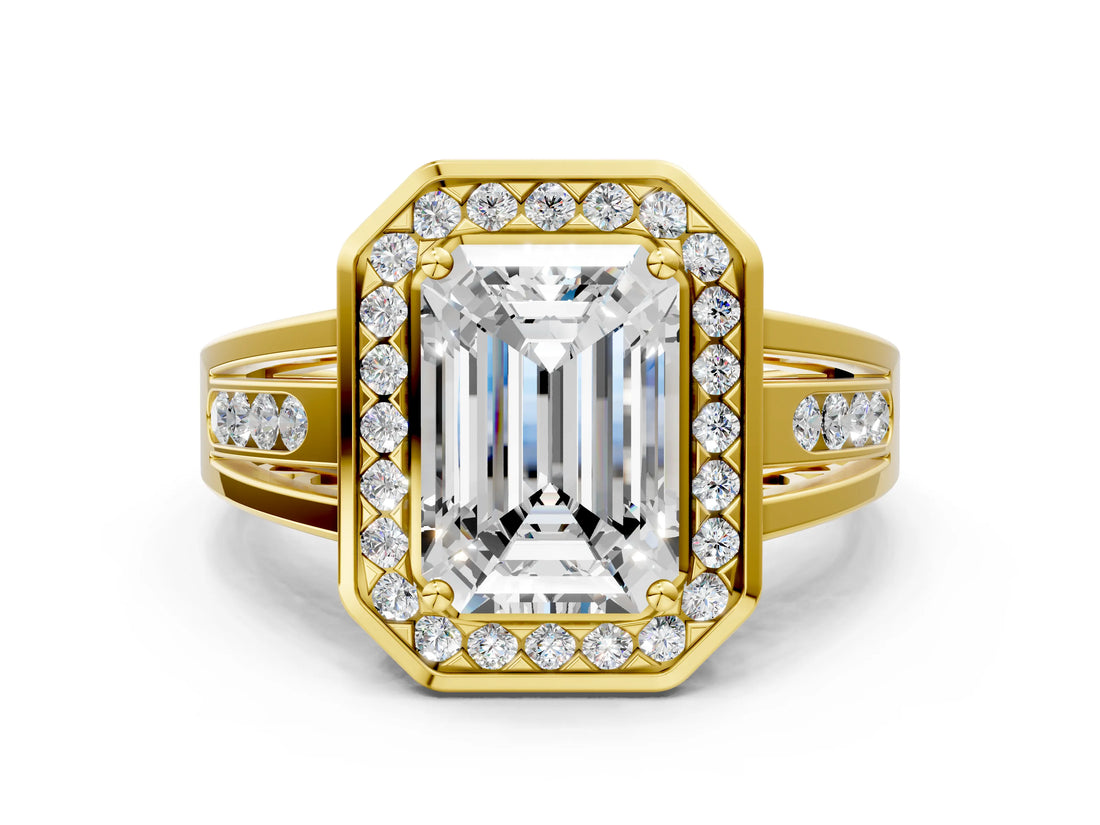 Yellow gold Emerald Cut Diamond Halo Ring with Split Shank and Bezel Accents and Prong Setting_10