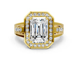 Yellow gold Emerald Cut Diamond Halo Ring with Split Shank and Bezel Accents and Prong Setting_10