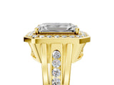 Yellow gold Emerald Cut Diamond Halo Ring with Split Shank and Bezel Accents and Prong Setting_15