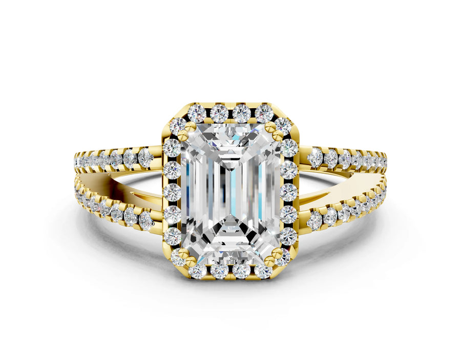 Yellow gold Emerald Cut Diamond Halo Split Shank Engagement Ring