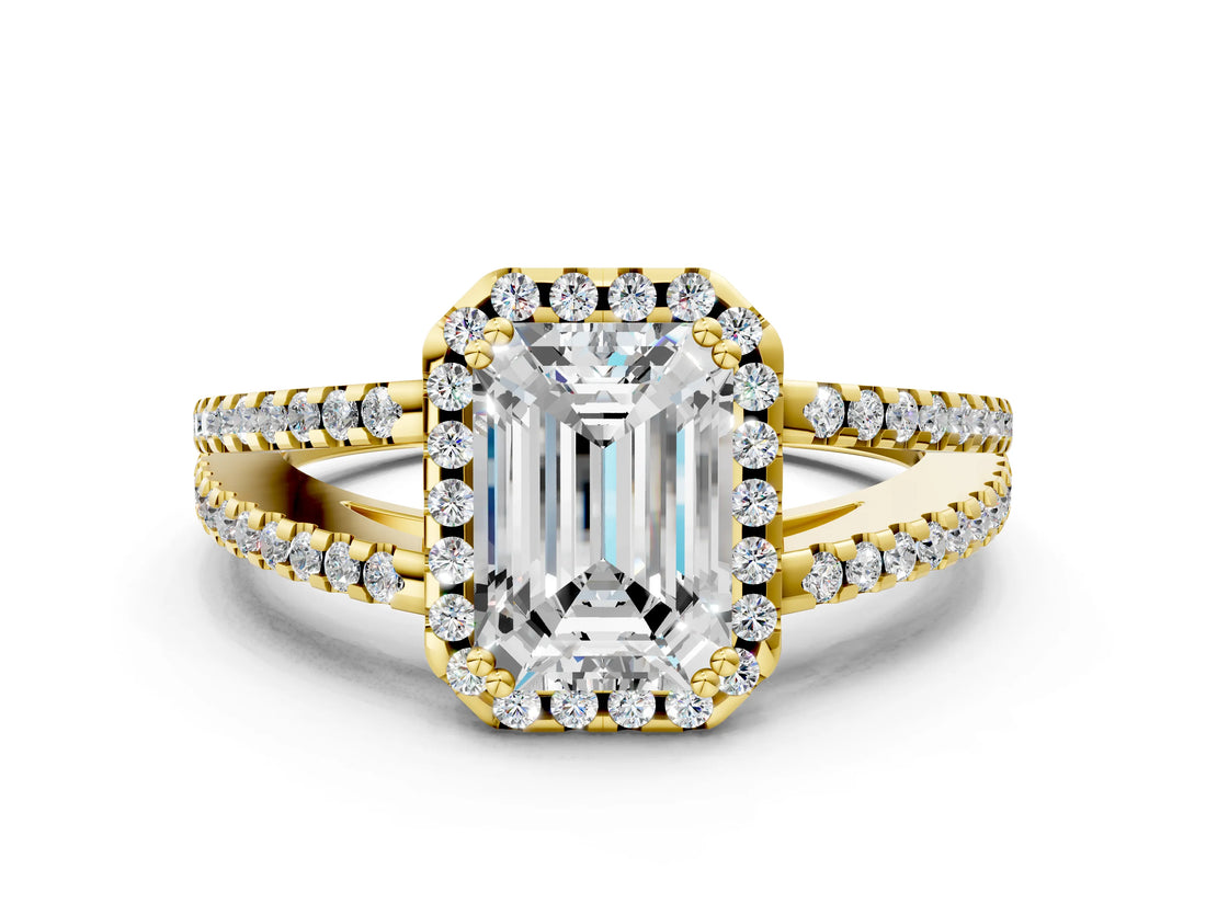 10K Yellow Gold 2.23 Carat E VS1 Emerald Diamond Halo Split Shank Engagement Ring