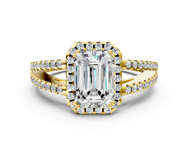 10K Yellow Gold 2.23 Carat E VS1 Emerald Diamond Halo Split Shank Engagement Ring