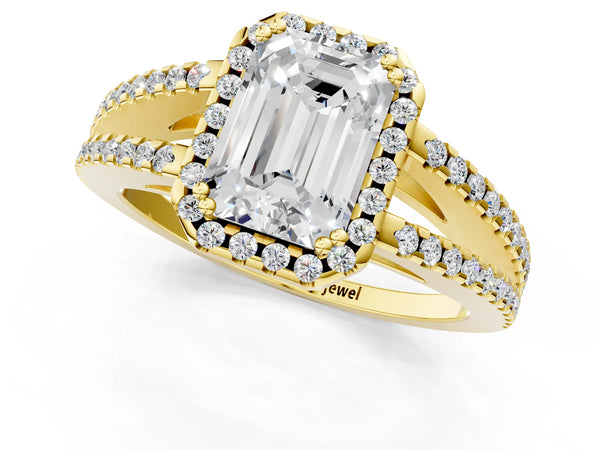 Yellow gold Emerald Cut Diamond Halo Split Shank Engagement Ring