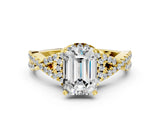 Yellow gold Emerald Cut Diamond  Halo Twist Band Solitaire Prong Setting Ring_12