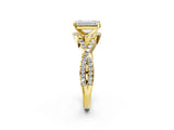 Yellow gold Emerald Cut Diamond  Halo Twist Band Solitaire Prong Setting Ring_14