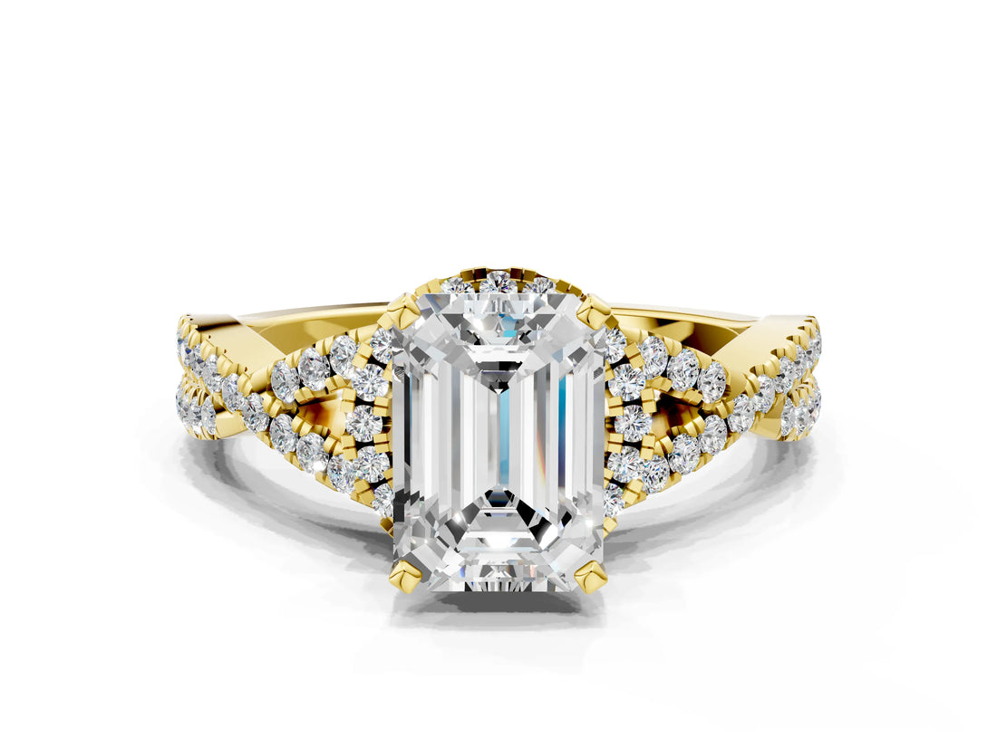 Yellow gold Emerald Cut Diamond  Halo Twist Band Solitaire Prong Setting Ring_54