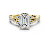 Yellow gold Emerald Cut Diamond  Halo Twist Band Solitaire Prong Setting Ring_54
