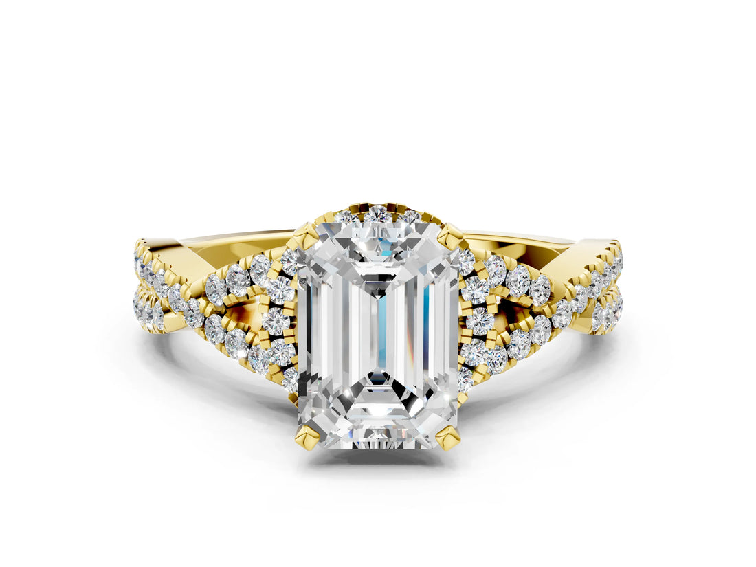 Yellow gold Emerald Cut Diamond  Halo Twist Band Solitaire Prong Setting Ring_99