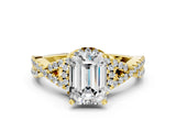 Yellow gold Emerald Cut Diamond  Halo Twist Band Solitaire Prong Setting Ring_99
