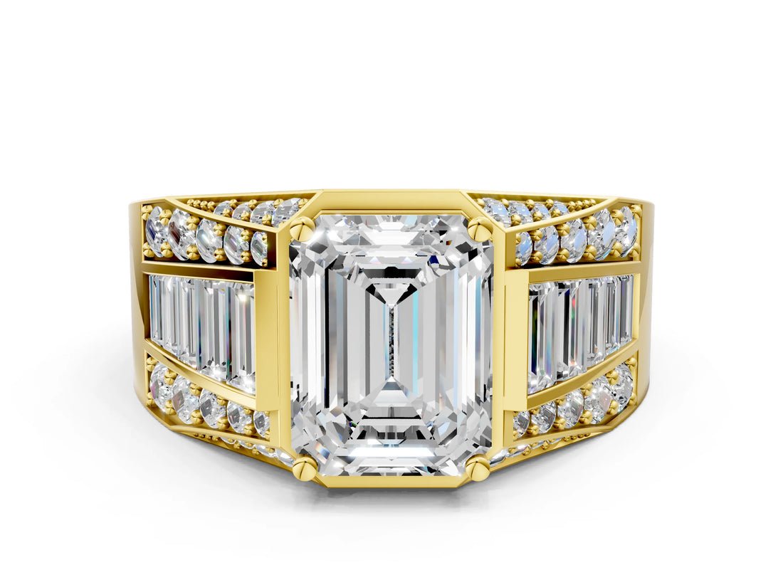 Yellow gold Emerald Cut Diamond Mens Ring with Baguette Side Stones_48