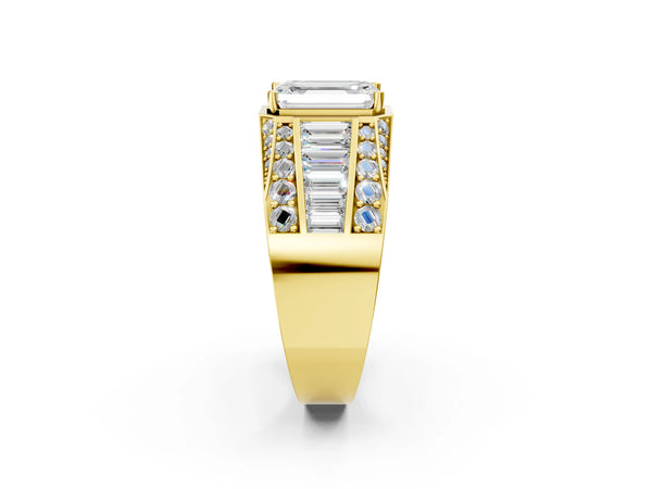 Yellow gold Emerald Cut Diamond Mens Ring with Baguette Side Stones