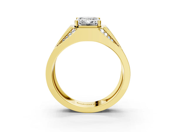 Yellow gold Emerald Cut Diamond Mens Ring with Baguette Side Stones