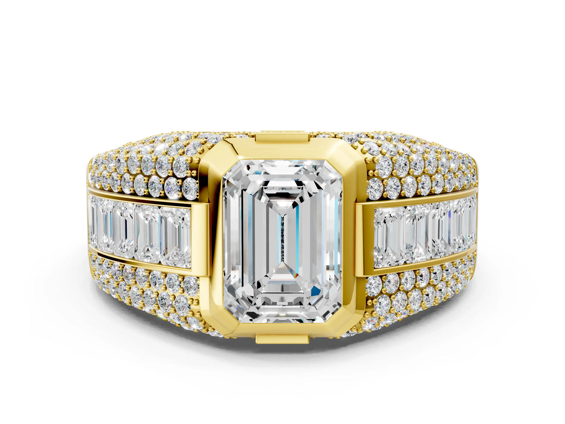 Yellow gold Emerald Cut Diamond Mens Ring with Side Stones_36
