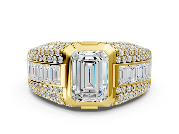 Yellow gold Emerald Cut Diamond Mens Ring with Side Stones
