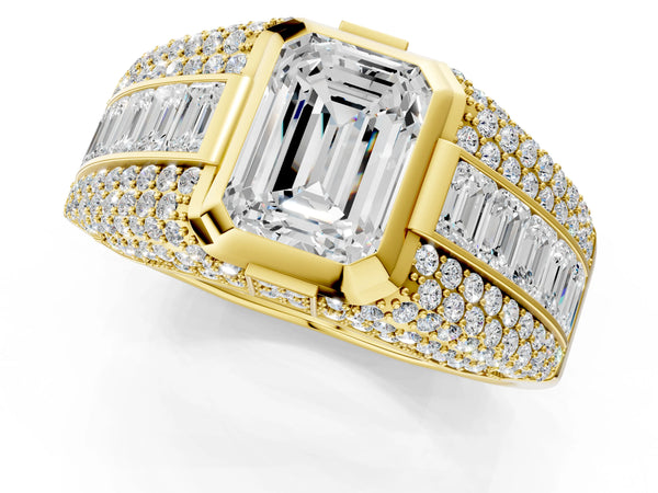 Yellow gold Emerald Cut Diamond Mens Ring with Side Stones