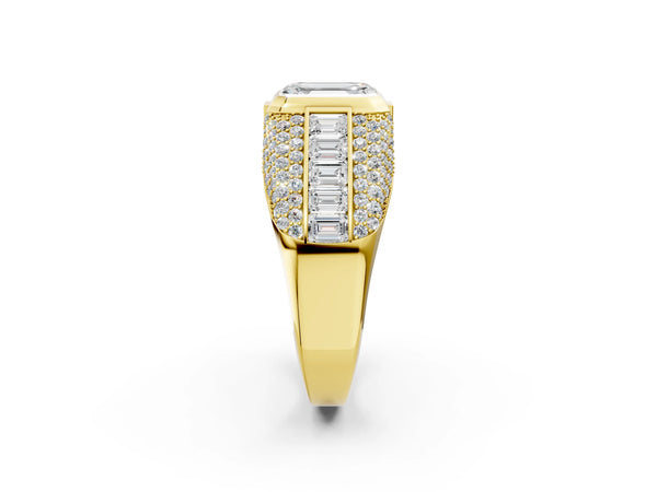Yellow gold Emerald Cut Diamond Mens Ring with Side Stones