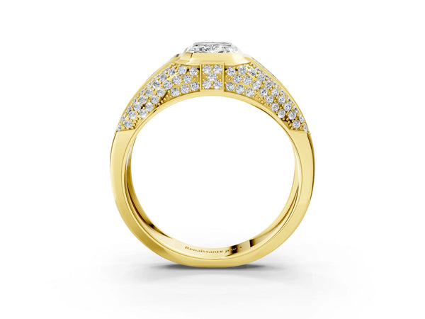 Yellow gold Emerald Cut Diamond Mens Ring with Side Stones