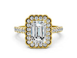 Yellow gold Emerald Cut Diamond Milgrain Floral Halo Engagement Ring with Pavé Band_21