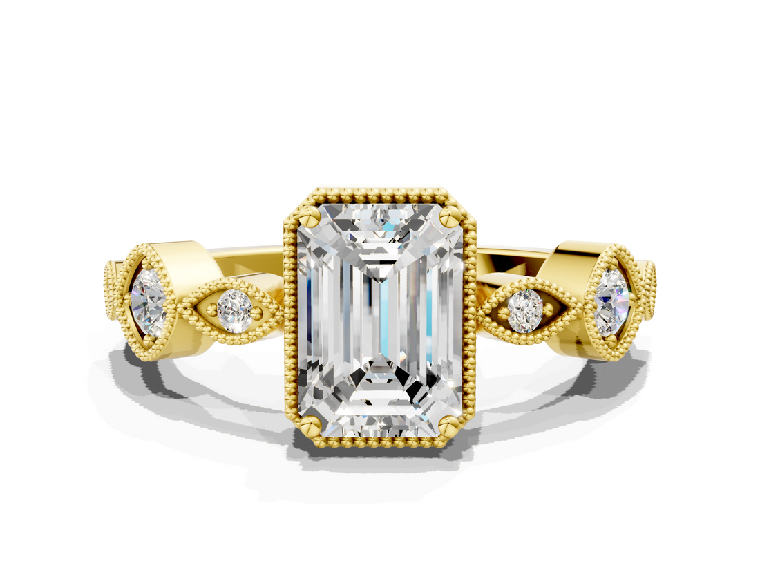 Yellow gold Emerald Cut Diamond Milgrain Marquise Band with Prong Setting_3