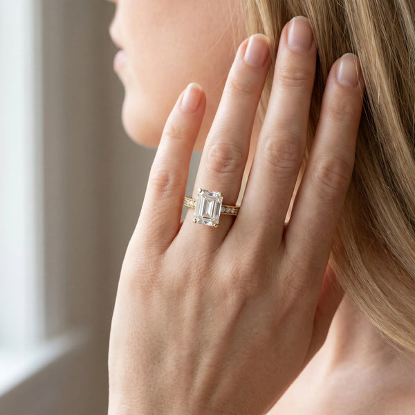 Yellow gold Emerald Cut Diamond Milgrain Pavé Engagement Ring with Four-Prong Setting