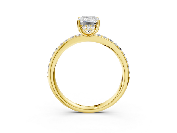 Yellow Gold Emerald Cut Hidden Halo Engagement Ring Setting with Slim Micro Pave Band