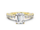 Yellow gold Emerald Cut Diamond Pavé Band Solitaire Ring with Prong Setting