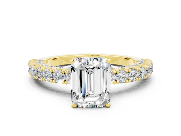 Yellow gold Emerald Cut Diamond Pavé Band Solitaire Ring with Prong Setting