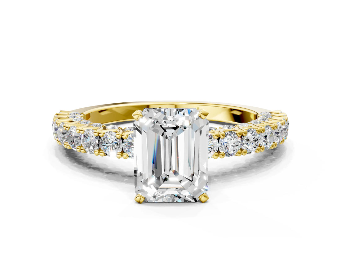 Yellow gold Emerald Cut Diamond Pavé Band Solitaire Ring with Prong Setting_102