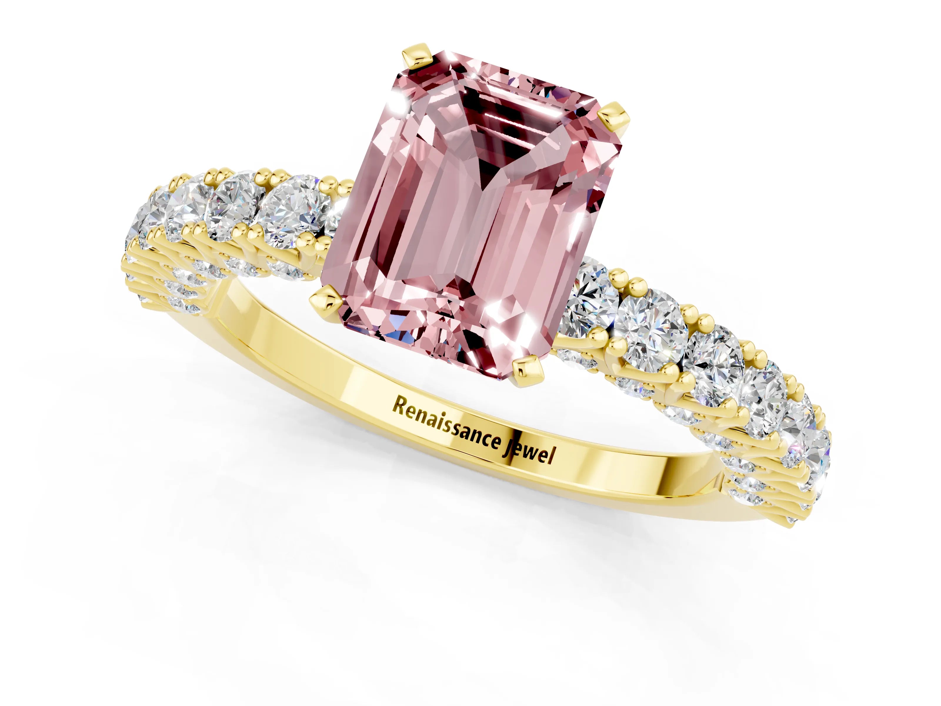 Yellow gold Emerald Cut Diamond Pavé Band Solitaire Ring with Prong Setting_1