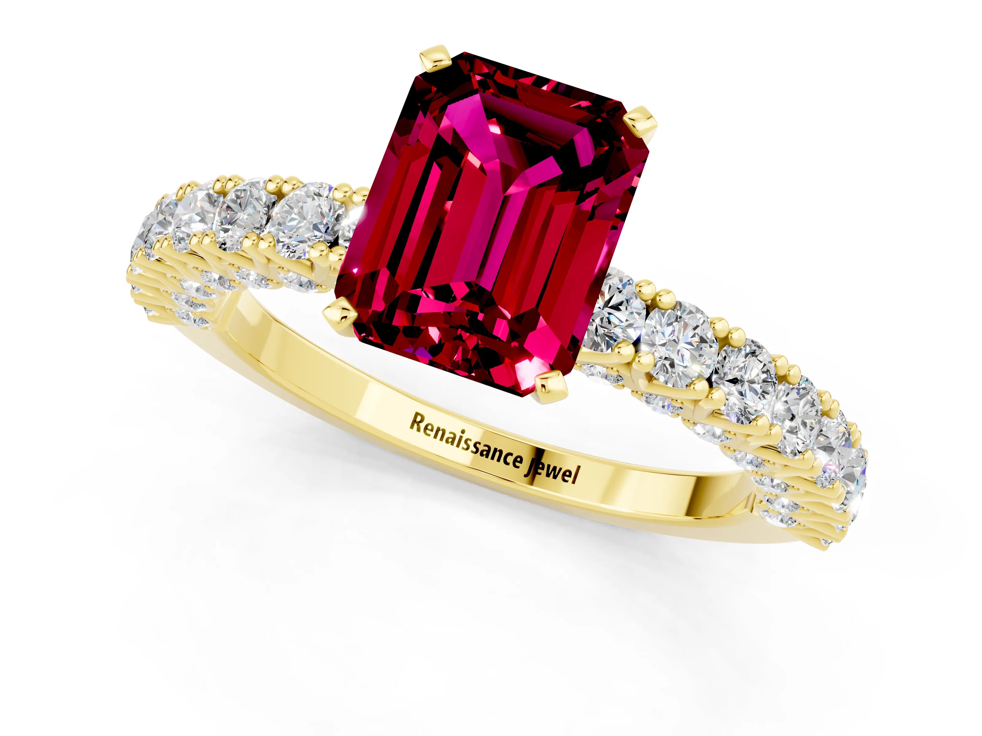 Yellow gold Emerald Cut Diamond Pavé Band Solitaire Ring with Prong Setting_1