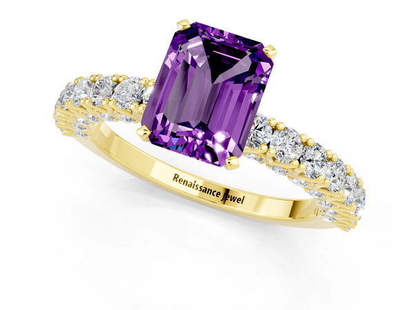 Yellow gold Emerald Cut Amethyst Solitaire Ring with Round Accent Pavé Band and Prong Setting