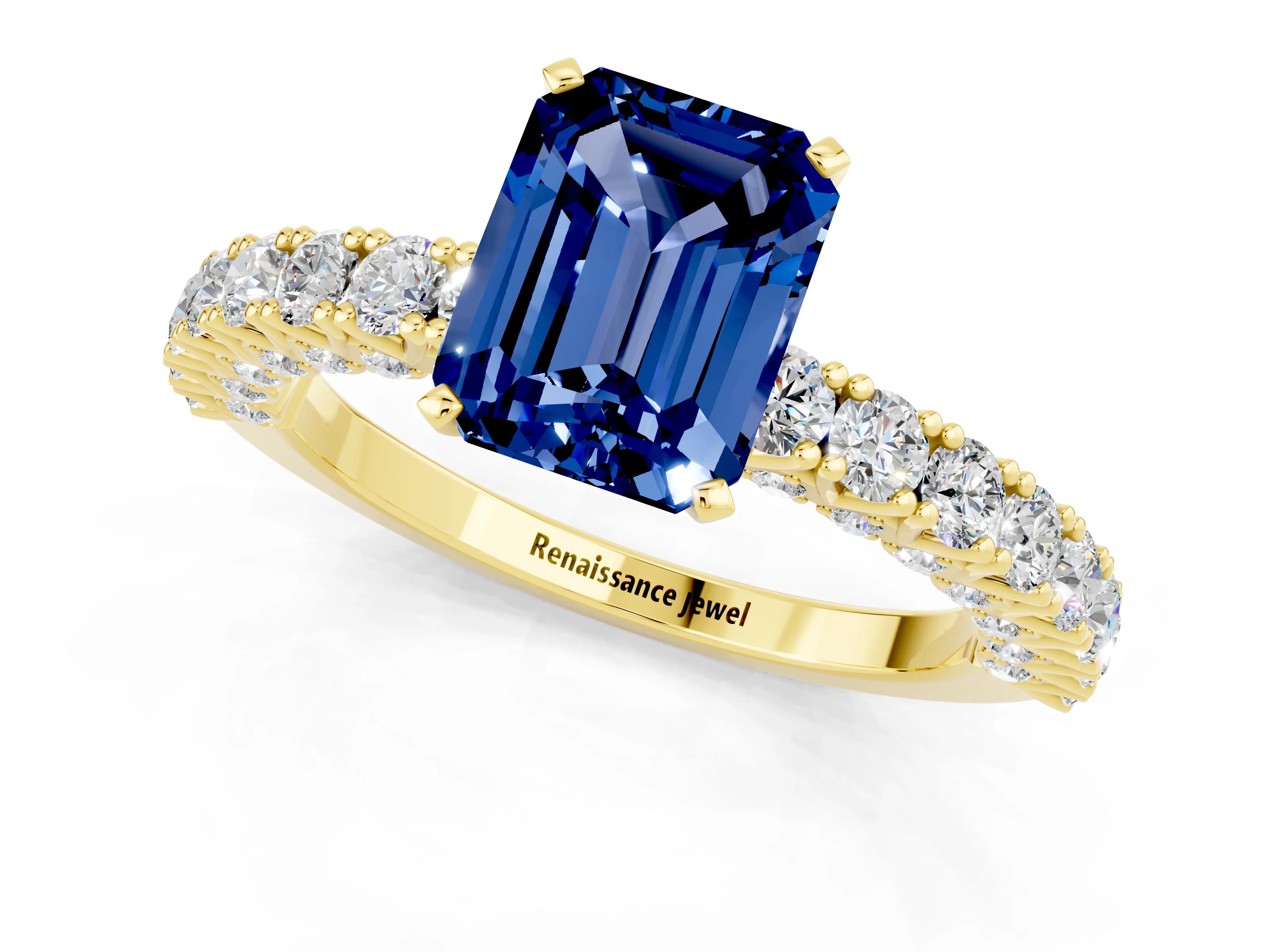 Yellow gold Emerald Cut Diamond Pavé Band Solitaire Ring with Prong Setting_1