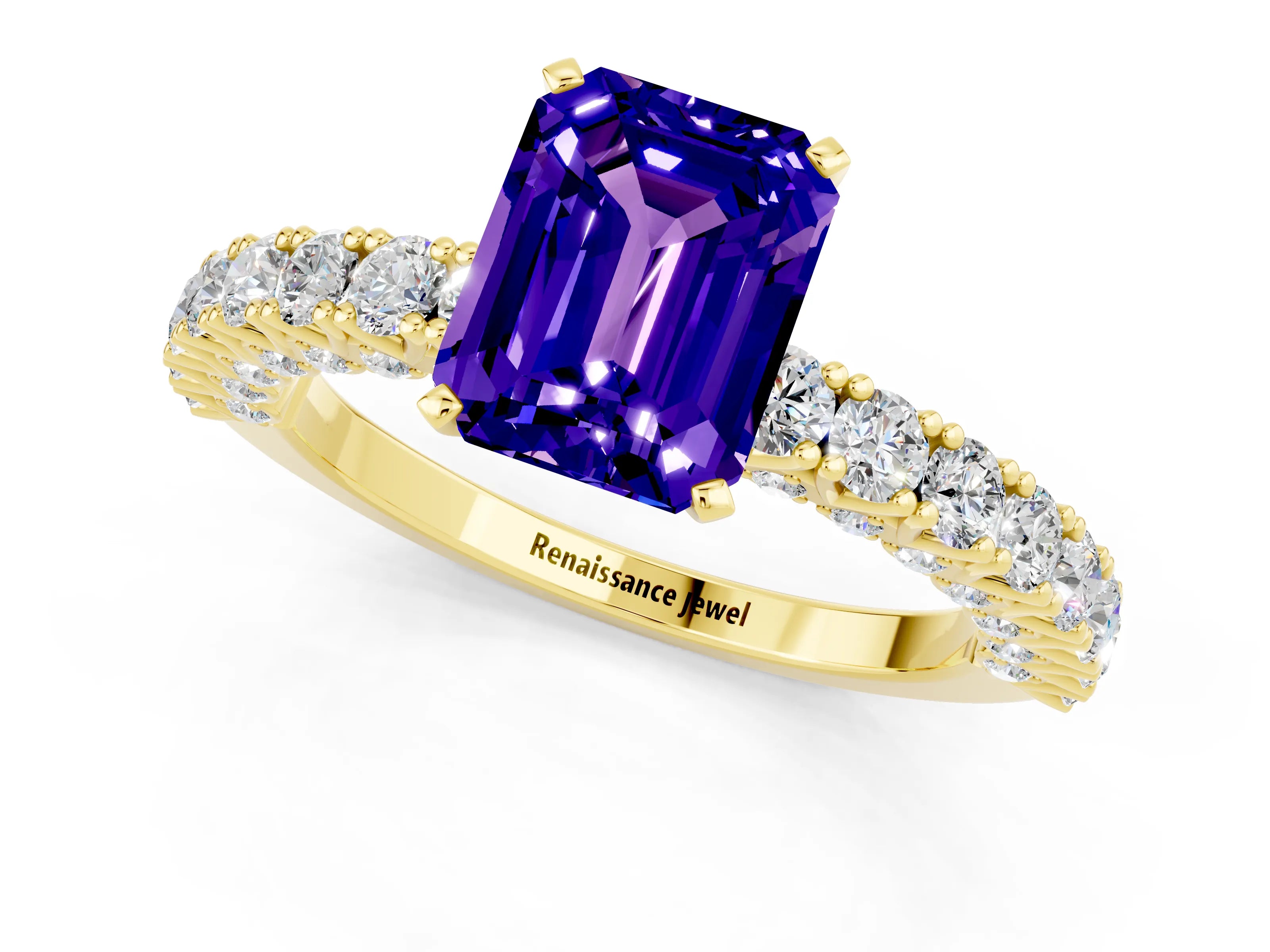 Yellow gold Emerald Cut Diamond Pavé Band Solitaire Ring with Prong Setting_1