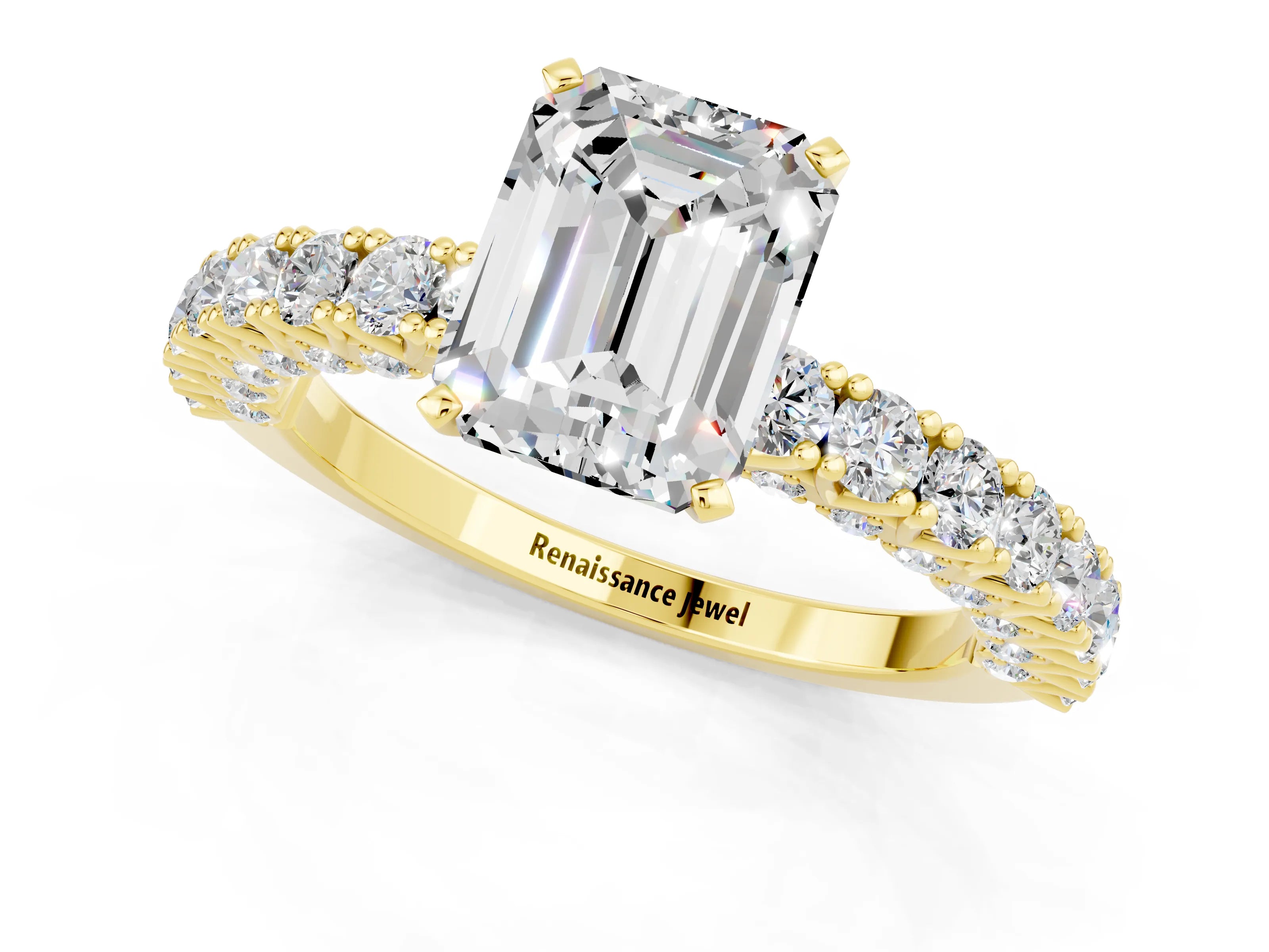 Yellow gold Emerald Cut Diamond Pavé Band Solitaire Ring with Prong Setting_1