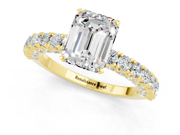 Yellow gold Emerald Cut Diamond Pavé Band Solitaire Ring with Prong Setting