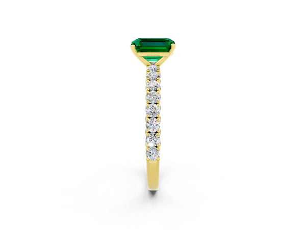 Yellow gold Emerald Cut Diamond Pavé Band Solitaire Ring with Prong Setting